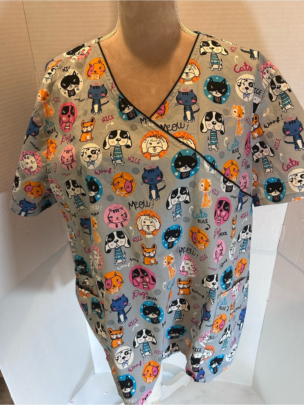Cherokee Gray Scrub Top with Multicolor Cartoon Dogs
